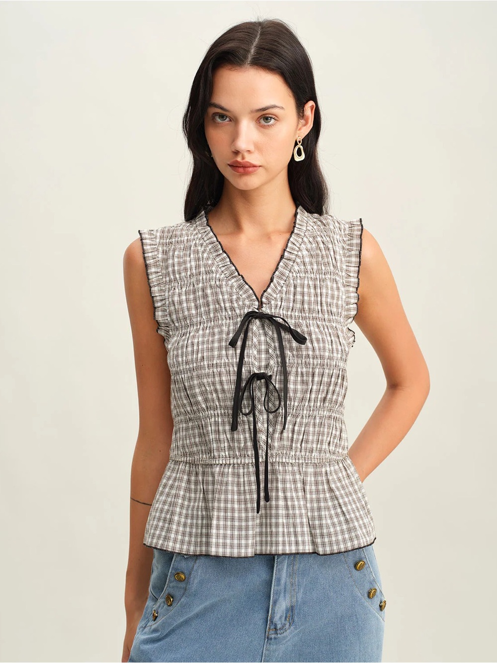 NWT Rihoas Black Plaid Bowknot Tank Top - L